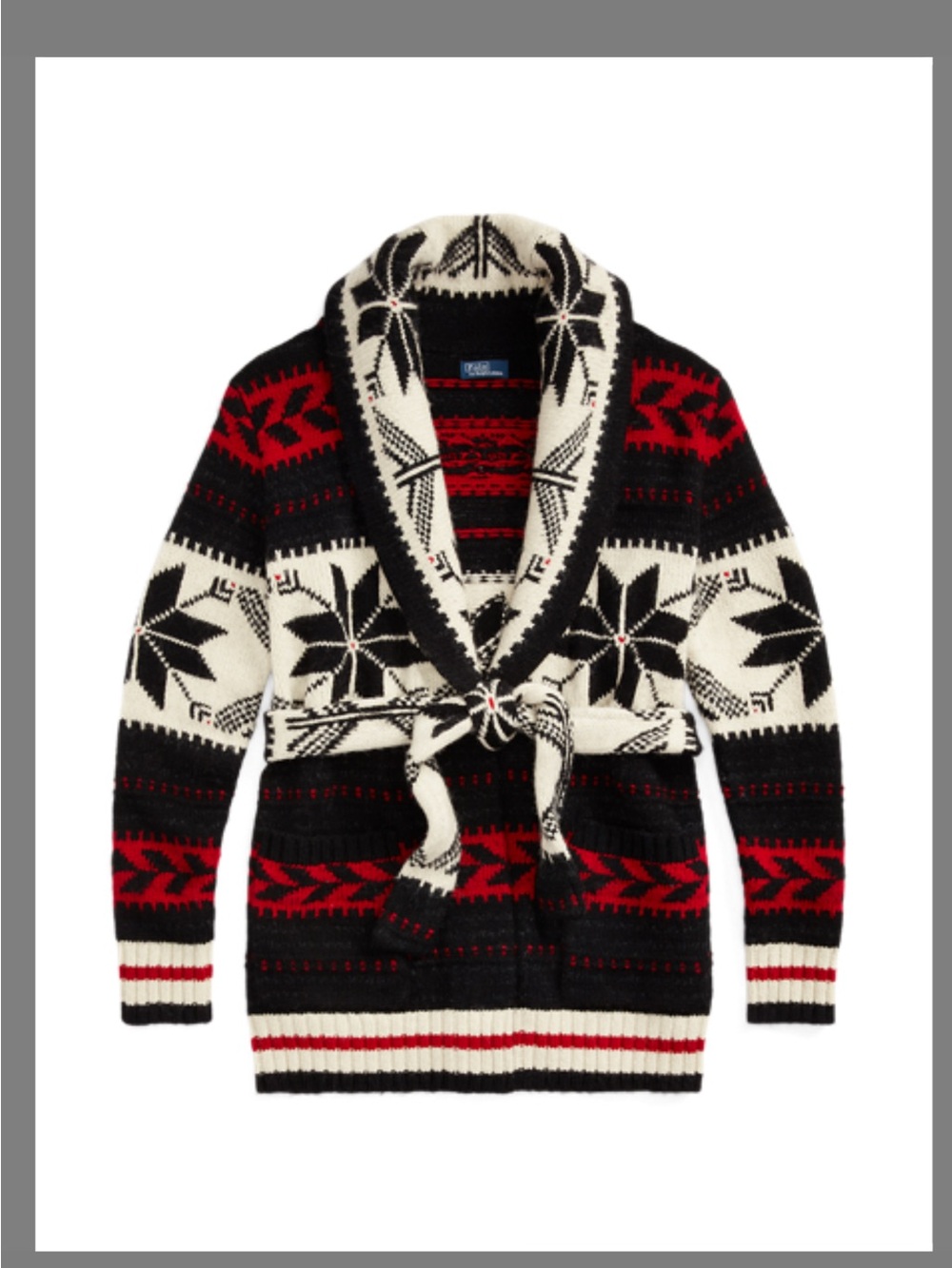 Ralph Lauren Black Red Cream Fair Isle Shawl-Collar Belted Cardigan